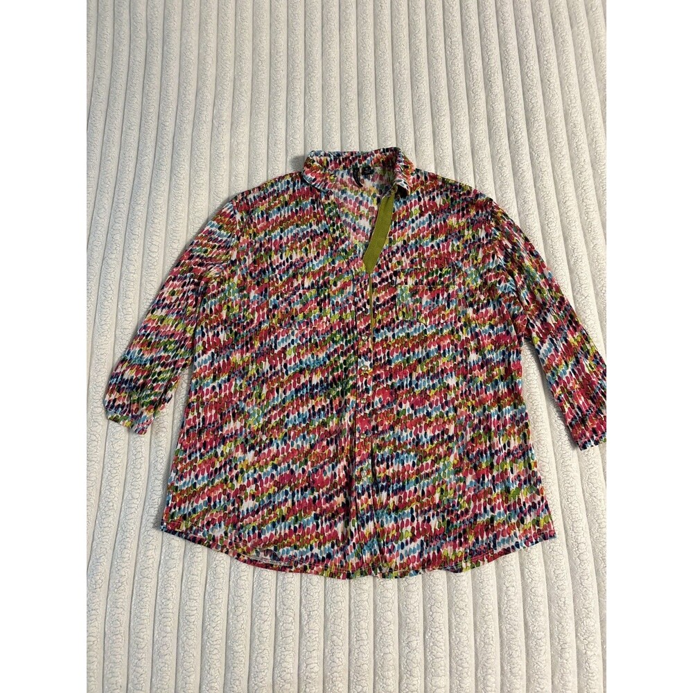 Venini abstract Rhinestone 3/4 button collar roll tab blouse top women XL multi